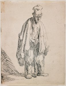 Bettler in einer hohen Mütze, auf einen Stock gestützt von Rembrandt van Rijn