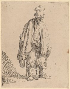 Bettler mit hoher Mütze, stehend und auf einen Stock gelehnt von Rembrandt van Rijn