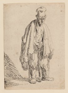Bettler mit hoher Mütze, stehend und auf einen Stock gestützt von Rembrandt van Rijn