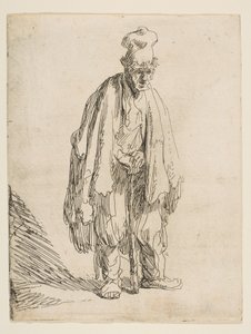 Bettler mit hoher Mütze, stehend und auf einen Stock gestützt, ca. 1629