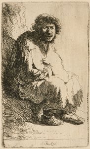 Bettler, der auf einem Ufer sitzt von Rembrandt van Rijn