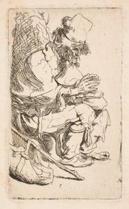 Bettler sitzt und wärmt seine Hände an einer Kohlenpfanne von Rembrandt van Rijn