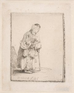 Bettlerin, die sich auf einen Stock stützt von Rembrandt van Rijn
