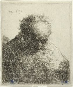 Büste eines alten Mannes mit fließendem Bart: Der Kopf nach vorne geneigt: Linke Schulter unbeschattet von Rembrandt van Rijn