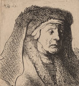 Büste einer alten Frau in einem Pelzmantel und schwerem Kopfschmuck von Rembrandt van Rijn
