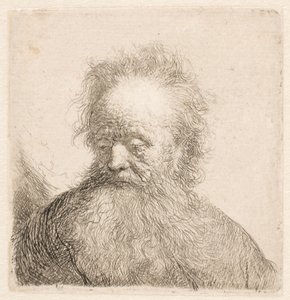 Büste eines alten Mannes mit fließendem Bart: Kopf fast aufrecht: Augen niedergeschlagen: leicht nach links blickend von Rembrandt van Rijn