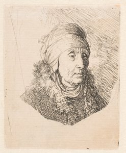 Büste einer alten Frau mit hohem Kopfschmuck, um das Kinn gebunden von Rembrandt van Rijn