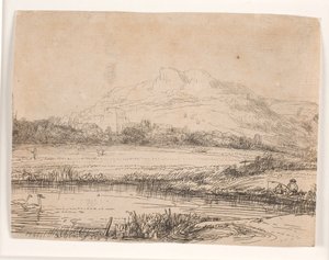 Kanal mit einem Angler und zwei Schwänen von Rembrandt van Rijn