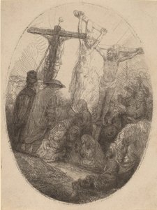 Christus gekreuzigt zwischen den beiden Dieben: eine ovale Platte, ca. 1641 von Rembrandt van Rijn