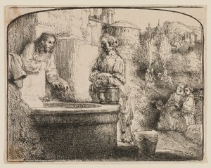 Christus und die Frau von Samaria: Ein gewölbter Druck von Rembrandt van Rijn