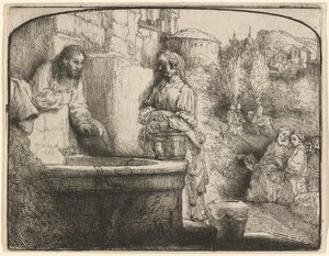 Christus und die Frau von Samaria: ein gewölbter Druck von Rembrandt van Rijn