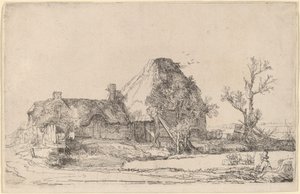 Häuser und Bauerngebäude mit einem zeichnenden Mann