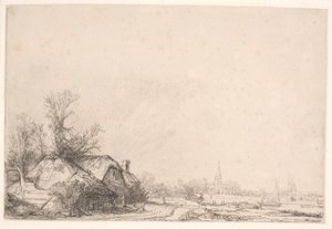 Häuser an einem Kanal: mit Kirche und Segelboot von Rembrandt van Rijn