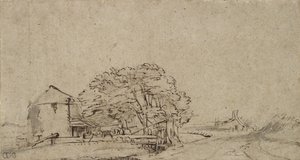 Bauernhofgebäude neben einer Straße mit entferntem Bauernhof, 1650-69