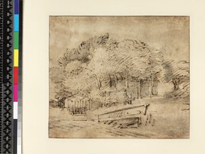 Bauernhaus unter Bäumen, mit einer Fußgängerbrücke, ca. 1650 von Rembrandt van Rijn