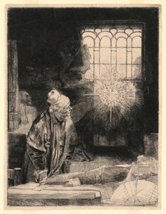 Faust in seinem Arbeitszimmer, beobachtet eine magische Scheibe