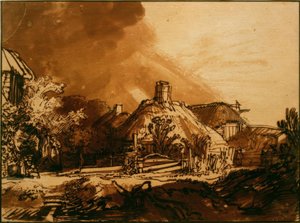 Häuser unter gewittrigem Himmel von Rembrandt van Rijn