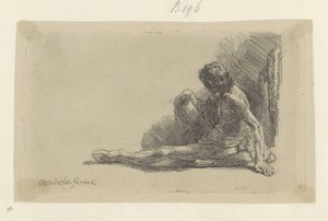 Junger Mann, auf dem Boden sitzend mit einem Bein ausgestreckt von Rembrandt van Rijn