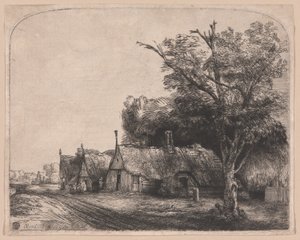 Landschaft mit drei Giebelhäusern an einer Straße