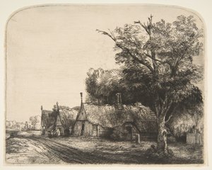 Landschaft mit drei Giebelhäusern an einer Straße, 1650 von Rembrandt van Rijn