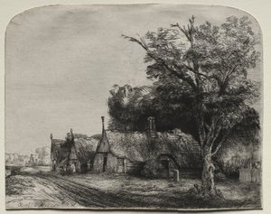 Landschaft mit drei giebelständigen Häusern an einer Straße
