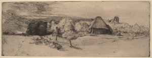 Landschaft mit Bäumen, Bauernhäusern und einem Turm von Rembrandt van Rijn