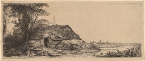 Landschaft mit Hütte und großem Baum