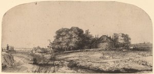 Landschaft mit einer Heuscheune und einer Schafherde