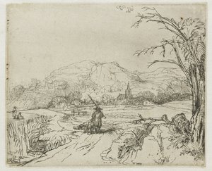 Landschaft mit Jäger und Hunden von Rembrandt van Rijn