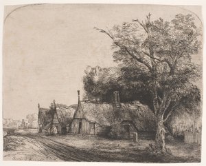 Landschaft mit drei giebelständigen Häusern an einer Straße