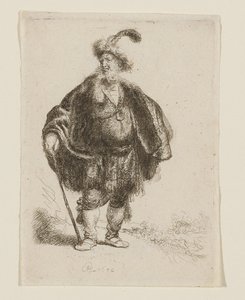 Stehender Mann in orientalischem Kostüm und Federfellmütze von Rembrandt van Rijn