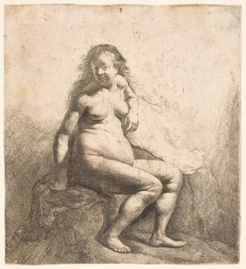 Nackte Frau auf einem Hügel sitzend von Rembrandt van Rijn