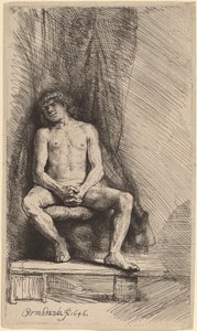 Nackter Mann sitzend vor einem Vorhang von Rembrandt van Rijn