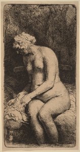 Akt auf einer Bank mit Kissen (Frau badet ihre Füße an einem Bach) von Rembrandt van Rijn