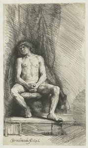 Nackter junger Mann, vor einem Vorhang sitzend von Rembrandt van Rijn