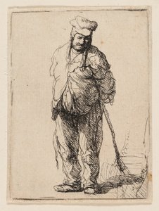 Zerlumpter Bauer mit hinter dem Rücken verschränkten Händen, der einen Stock hält von Rembrandt van Rijn