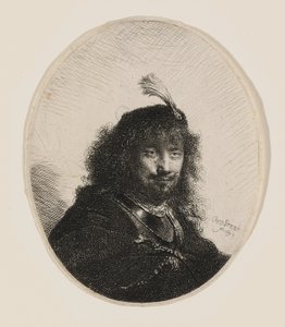 Rembrandt mit Federhut und gesenktem Säbel