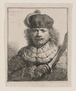 Rembrandt mit erhobenem Säbel von Rembrandt van Rijn