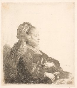 Rembrandts Mutter, sitzend nach rechts gewandt, in orientalischem Kopfschmuck: Halbfigur, Hände zeigend