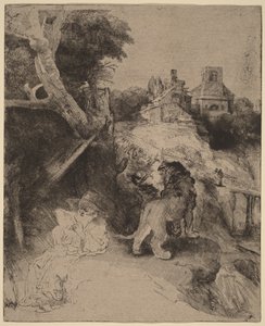 Der heilige Hieronymus liest in einer italienischen Landschaft von Rembrandt van Rijn