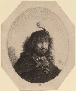 Selbstporträt (?) mit Federhut und gesenktem Säbel von Rembrandt van Rijn