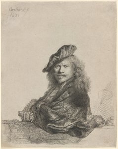 Selbstporträt, das sich auf eine Steinschwelle lehnt von Rembrandt van Rijn
