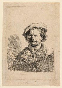 Selbstporträt mit flacher Mütze und besticktem Kleid von Rembrandt van Rijn