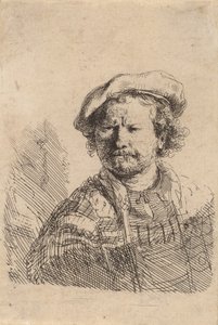 Selbstporträt mit flacher Kappe und besticktem Kleid, um 1642