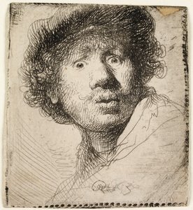 Selbstporträt mit Mütze: mit offenem Mund, 1630 von Rembrandt van Rijn
