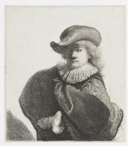 Selbstporträt mit weichem Hut und gemustertem Umhang von Rembrandt van Rijn