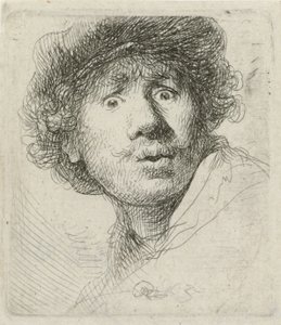 Selbstporträt mit Barett und weit aufgerissenen Augen von Rembrandt van Rijn