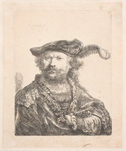 Selbstporträt mit Samtkappe und Feder, mit besticktem Kleid: Büste von Rembrandt van Rijn