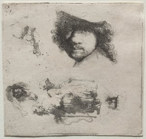 Blatt mit Studien: Selbstporträt, ein Bettlerpaar usw. von Rembrandt van Rijn