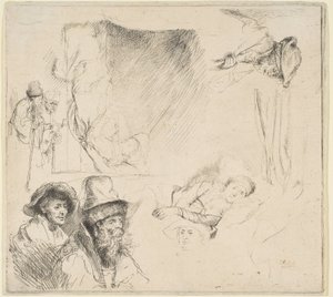 Blatt mit Studien einer im Bett liegenden kranken Frau, etc., ca. 1641-42